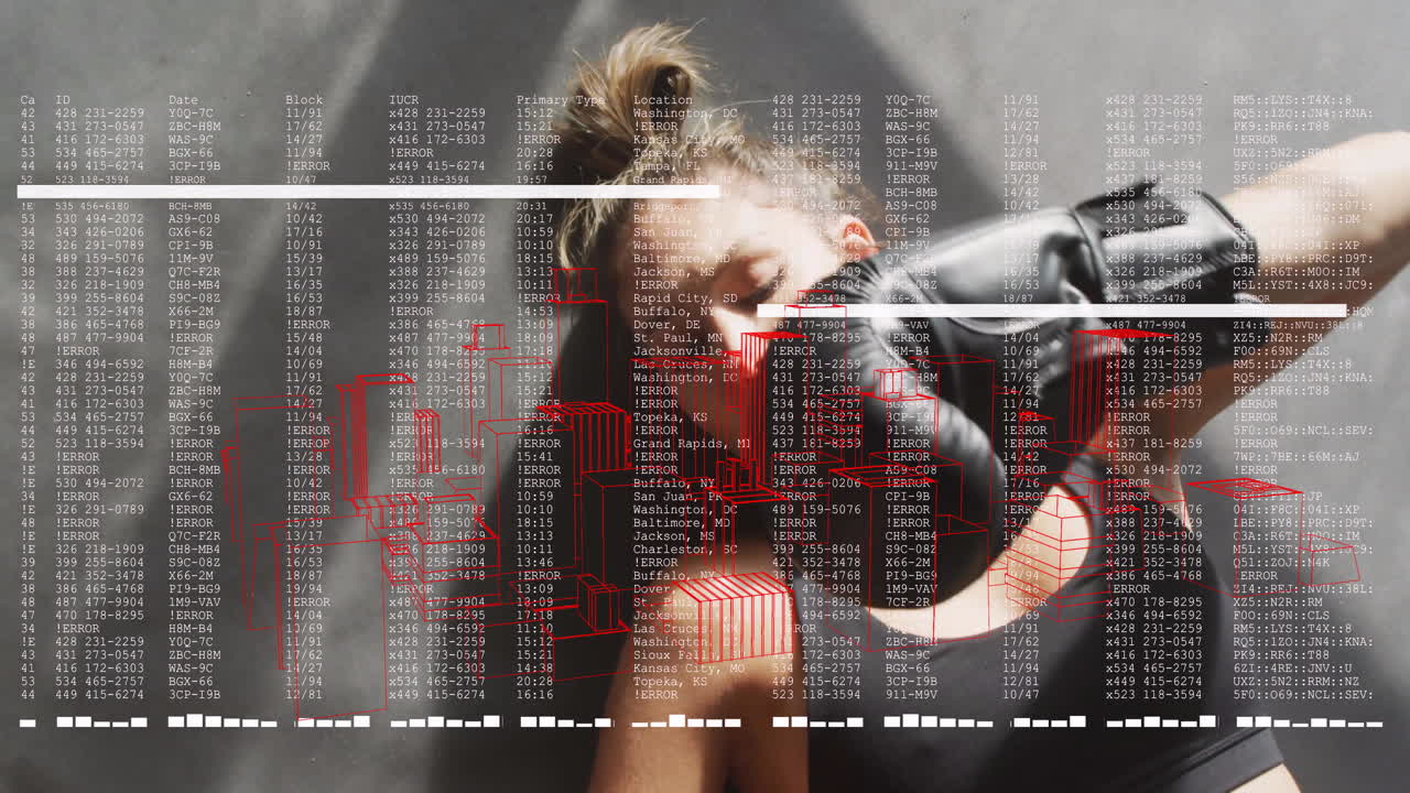 Boxer resting against wall with data and red cityscape animation overlay