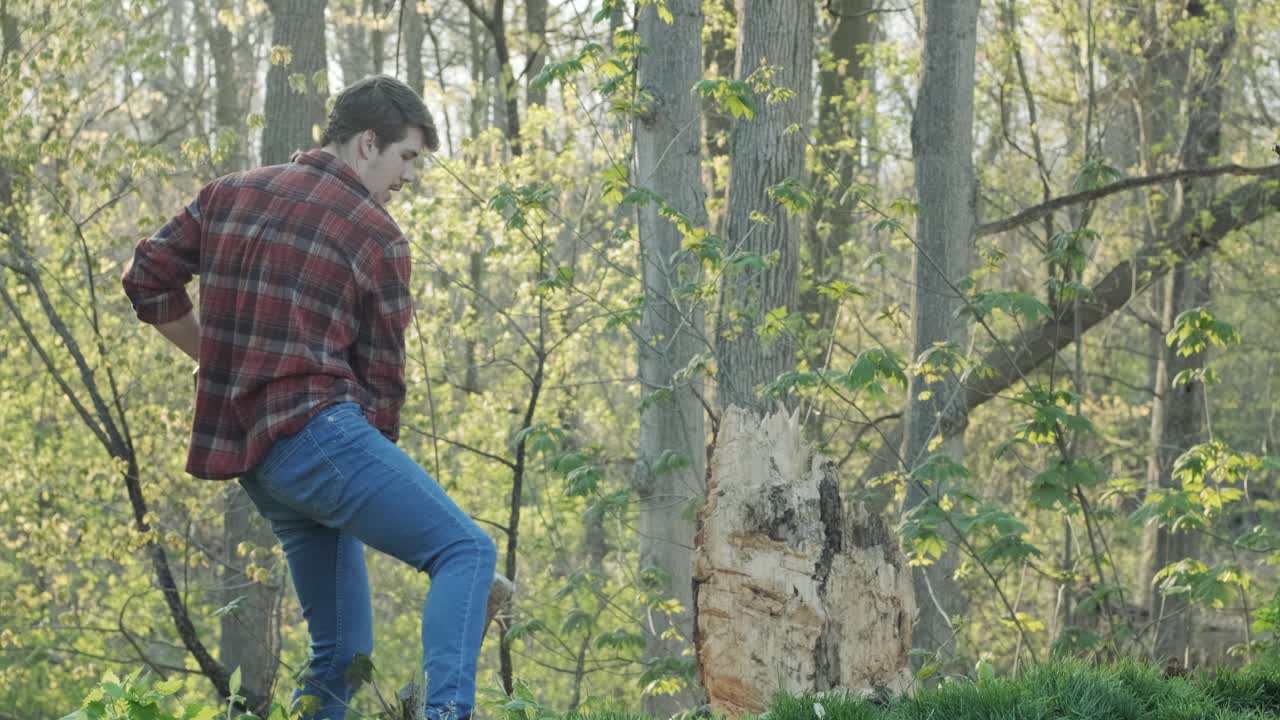 atractivo joven leñador balanceando su hacha en un tocón de árbol