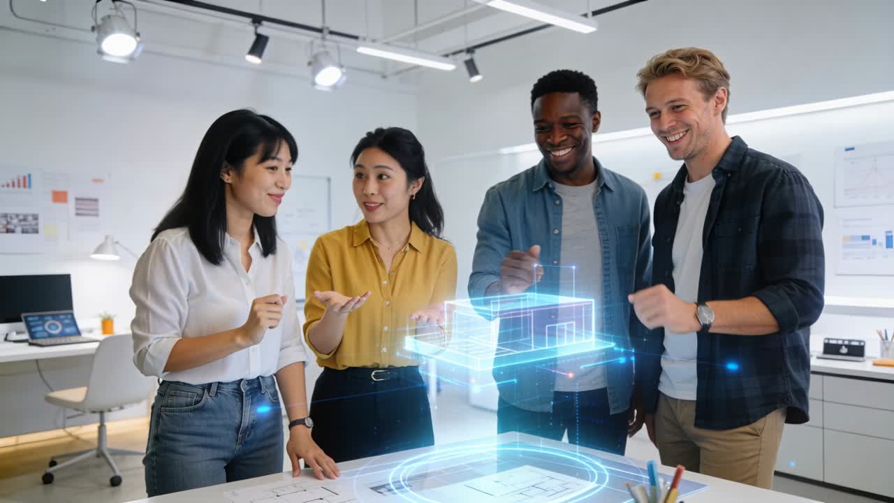 Vertical video: Design team around table, tapping hologram and probing model to approve design