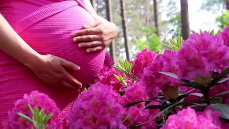 mujer embarazada vestida sostiene las manos en el vientre sobre el fondo natural del rododendro en el día de verano