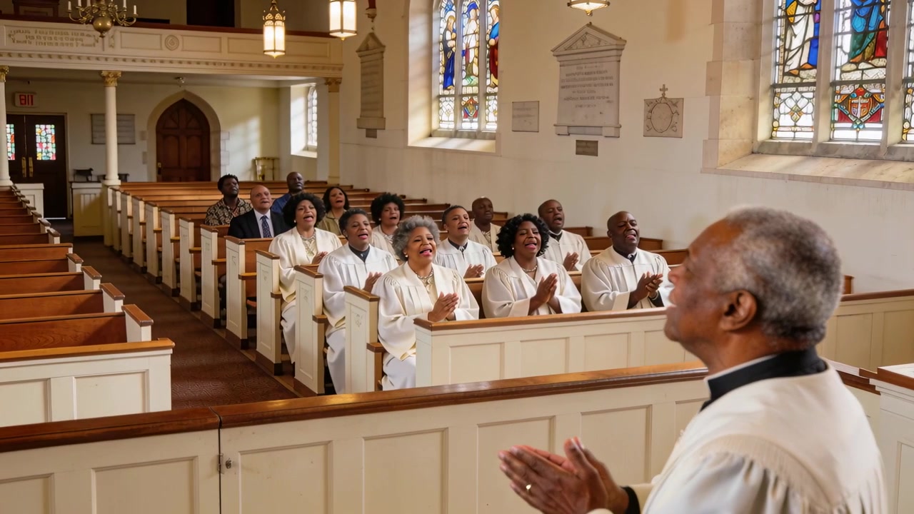 Leading leader in white robe collar initiating clap directing choir during hymn at nave, copy space