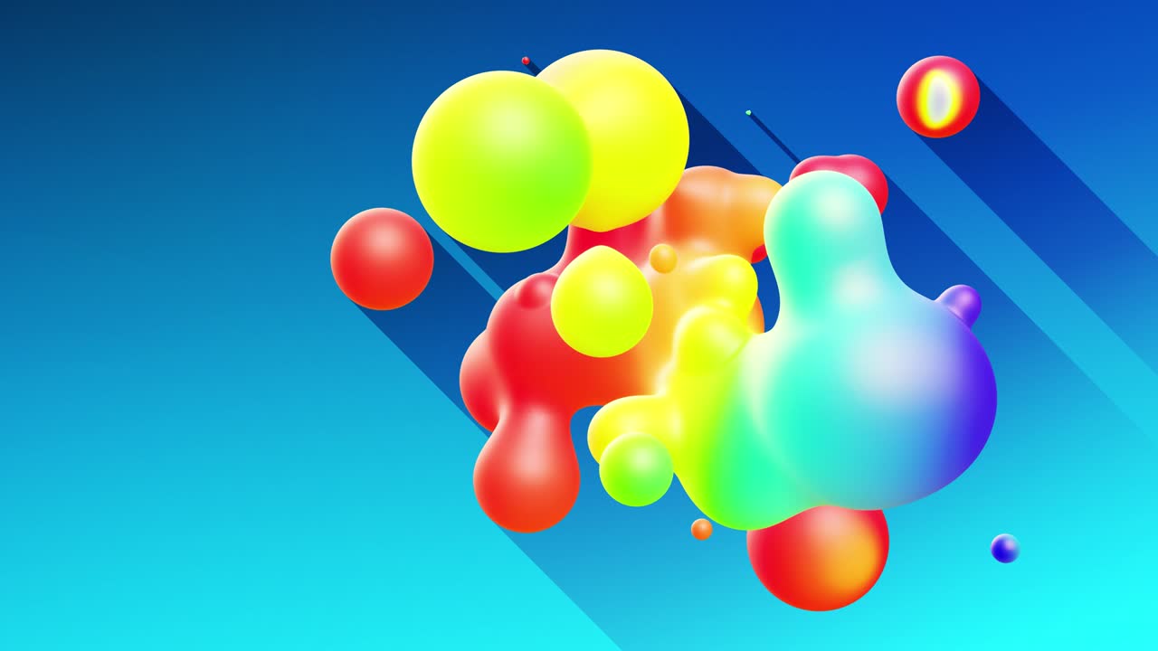 다채로운 공이나 거품은 대중적인 색상과 지하 빛을 가진 물질로 공중에 날아다니며 물방울과 같은 메타볼, 긴 그림자를 던지는 구로 융합됩니다.