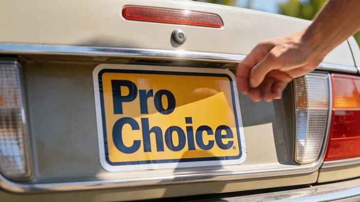 Mani maschili staccano un angolo, regolano e levigano un adesivo politico 'Pro Choice' sul bagagliaio, premendo.