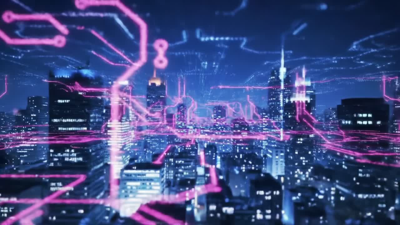 A Futuristic Cityscape Illuminated by Vibrant Neon Circuitry, Showcasing the Blend of Advanced Technology and Urban Life in a Digital Wonderland