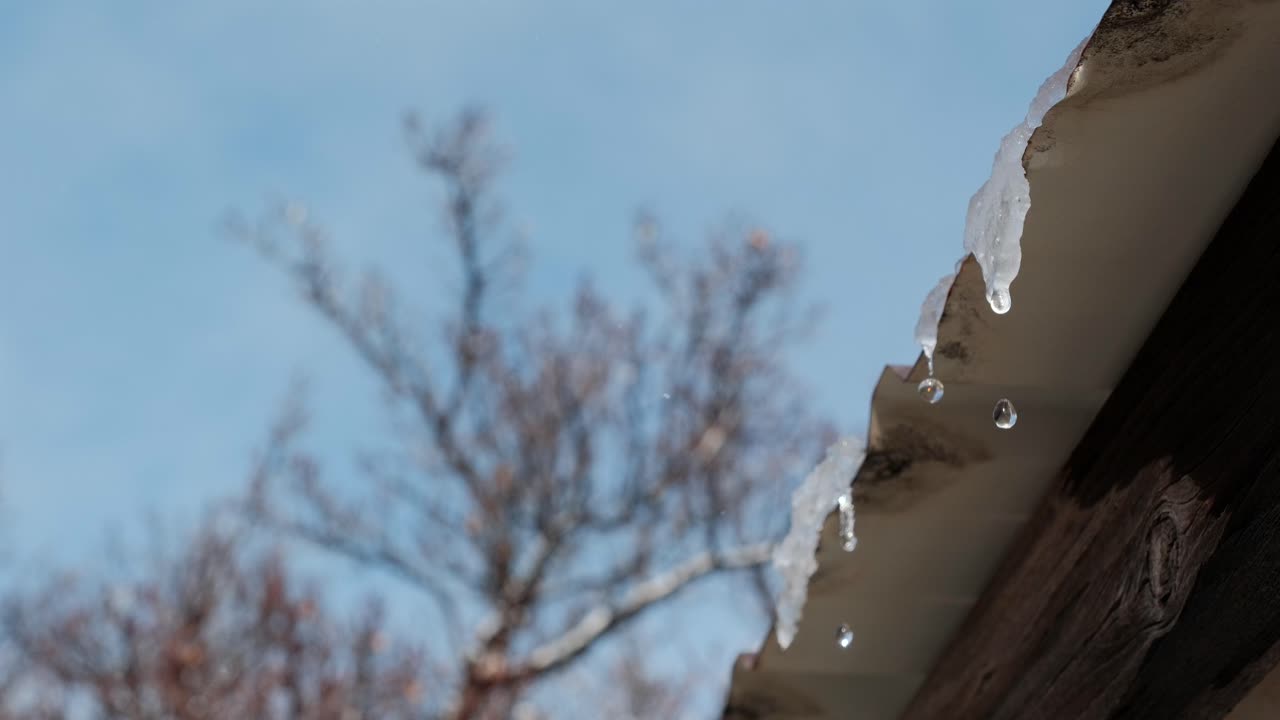 A cinematic slow motion shot captures water dripping from a melting ice shelf on a rooftop eaves. Bare winter trees and a clear blue sky provide a quiet, atmospheric backdrop for this natural thaw