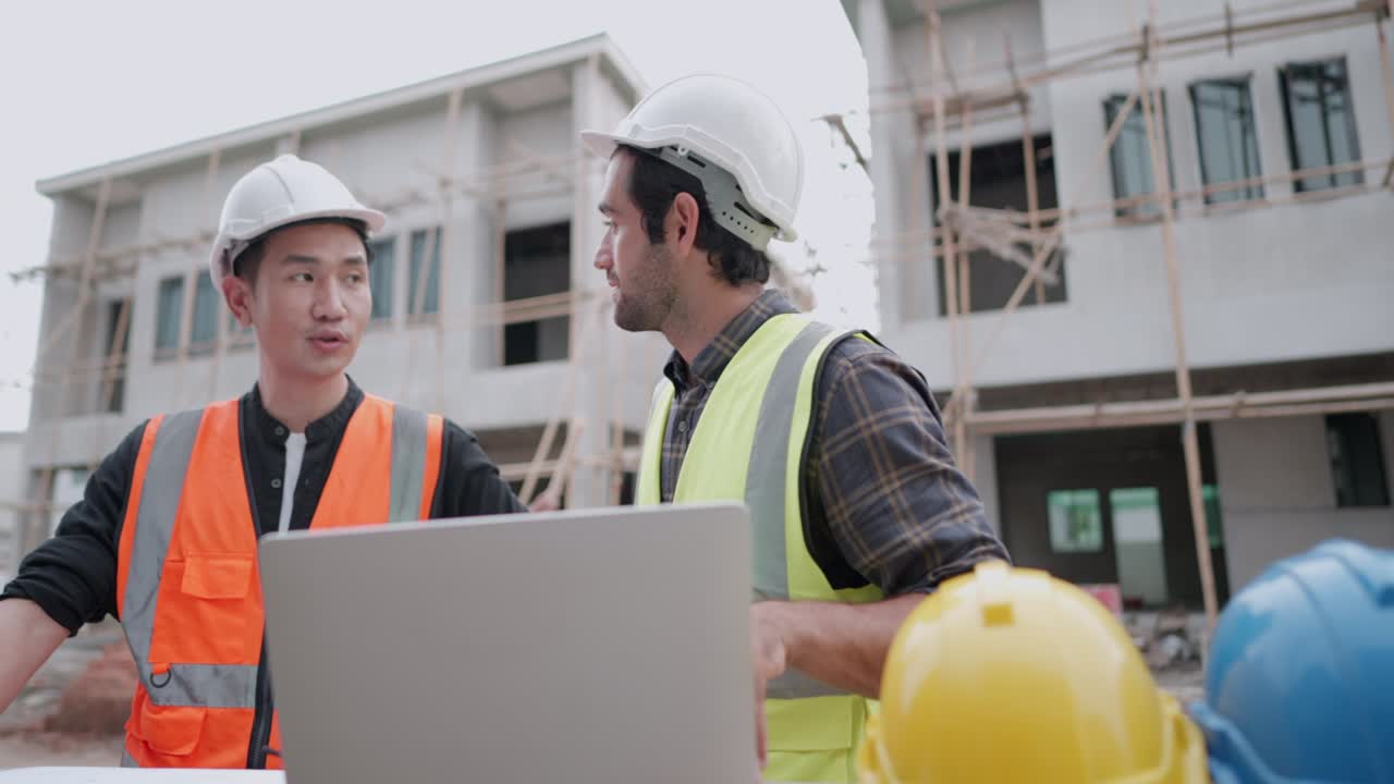 Team of professional contractor in real estate business. Building architect or civil engineer in safety uniform discuss with foreman about house model in blueprint at housing project construction site.