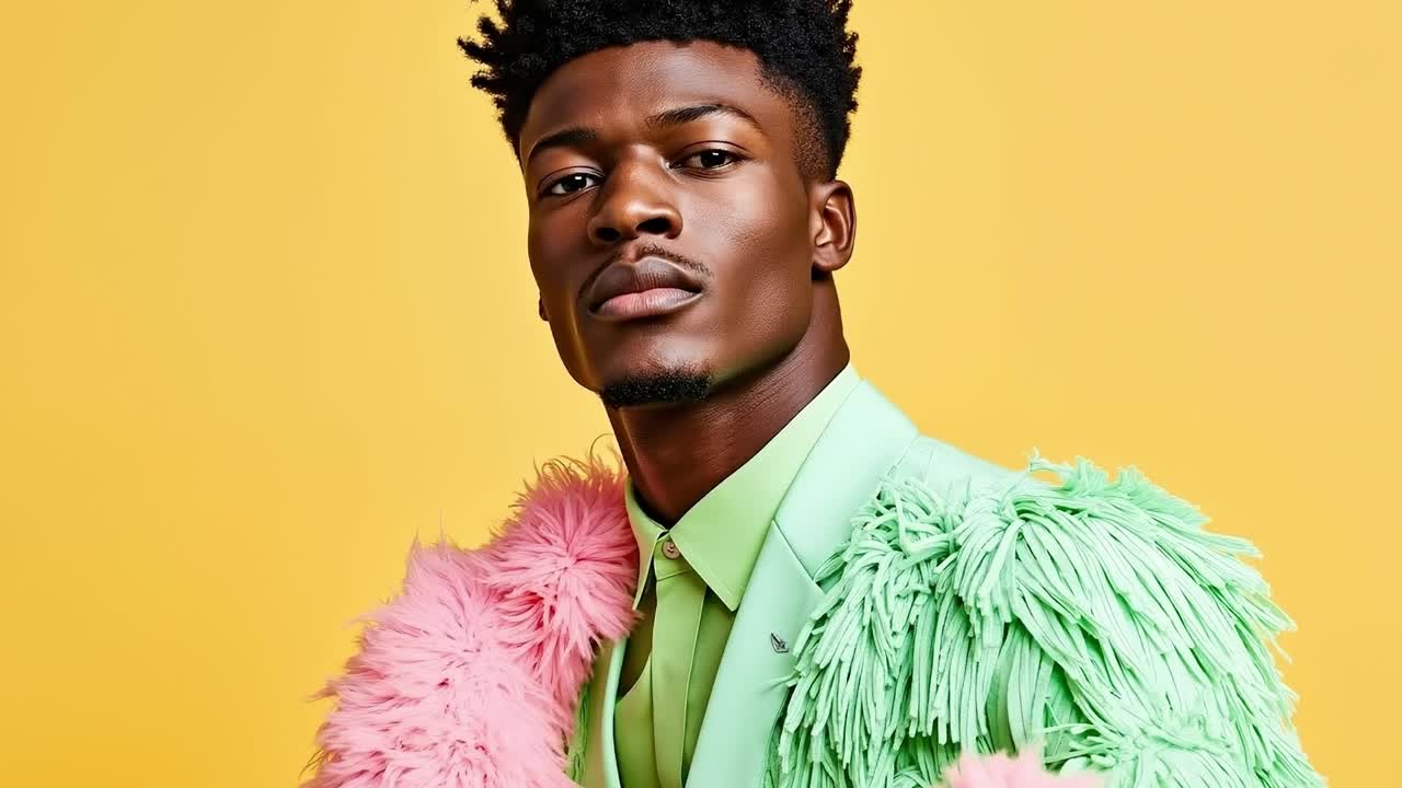 A man in a green suit with a pink feather boa around his neck