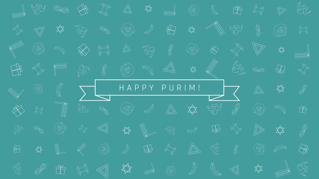 푸림 휴일 평평한 디자인 애니메이션 배경과 전통적인 윤 아이콘 기호 및 영어 텍스트