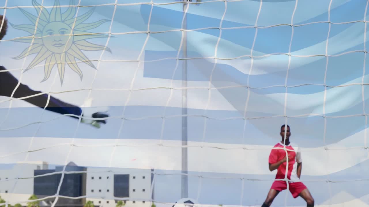 Soccer player placing ball then kicking into top-left goal for scoring while goalkeeper diving