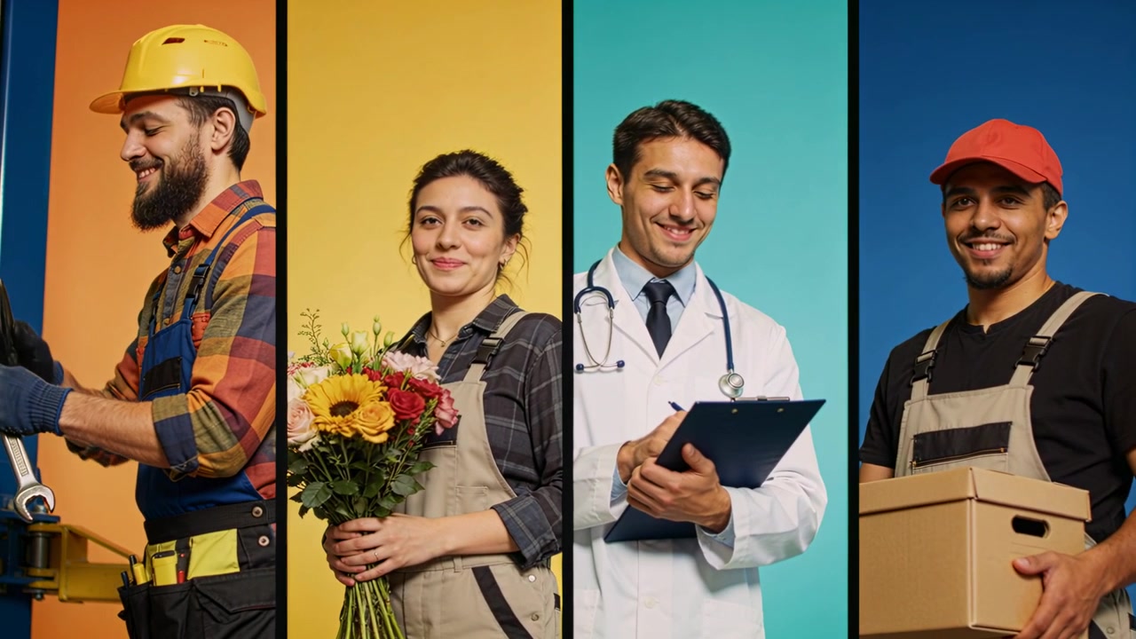 La telecamera inquadra quattro professionisti in posa in studio per una promozione, che tengono un bouquet di chiavi inglesi e indossano un elmetto e un cappotto.