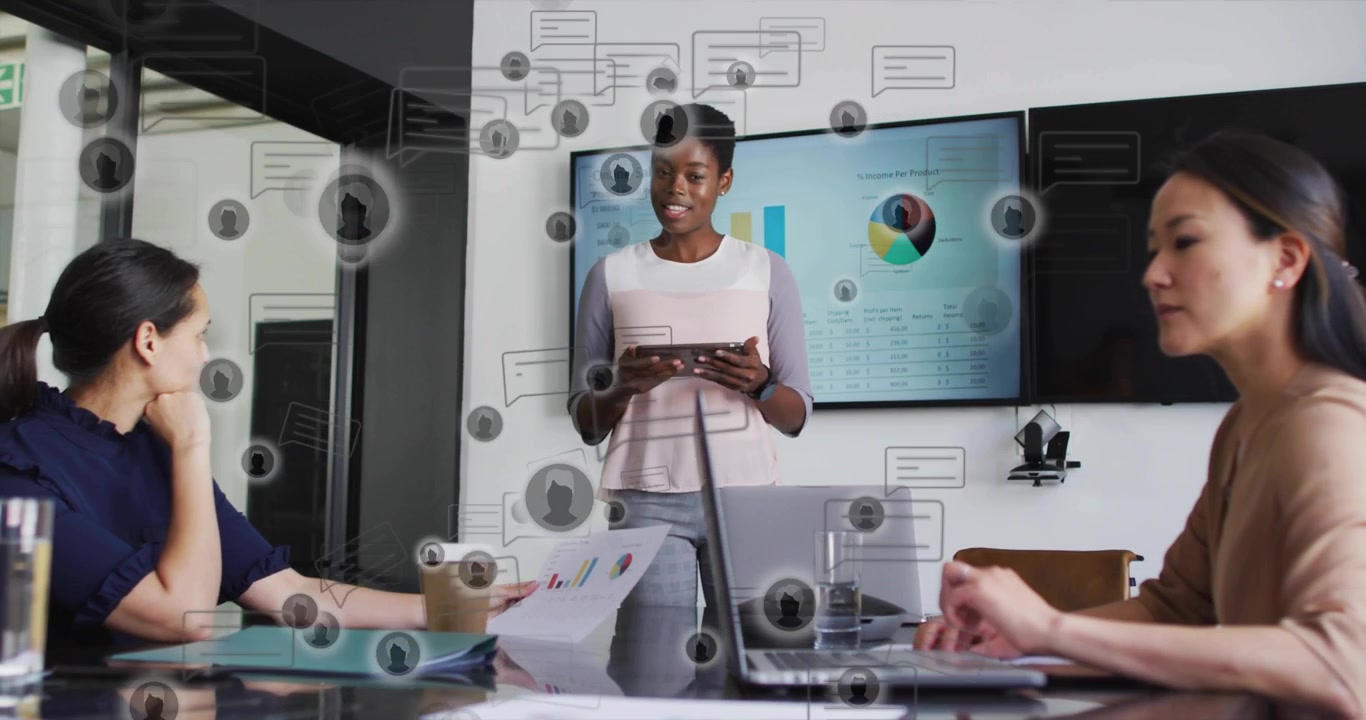 Business presenter scanning tablet and gesturing at display causing message icons, reviewing charts