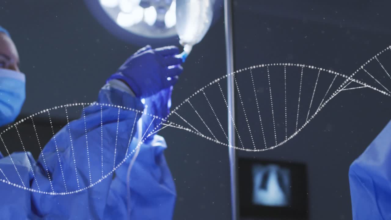 수술 중에 다양한 외과의사에 대한 dna 스트랜드의 애니메이션