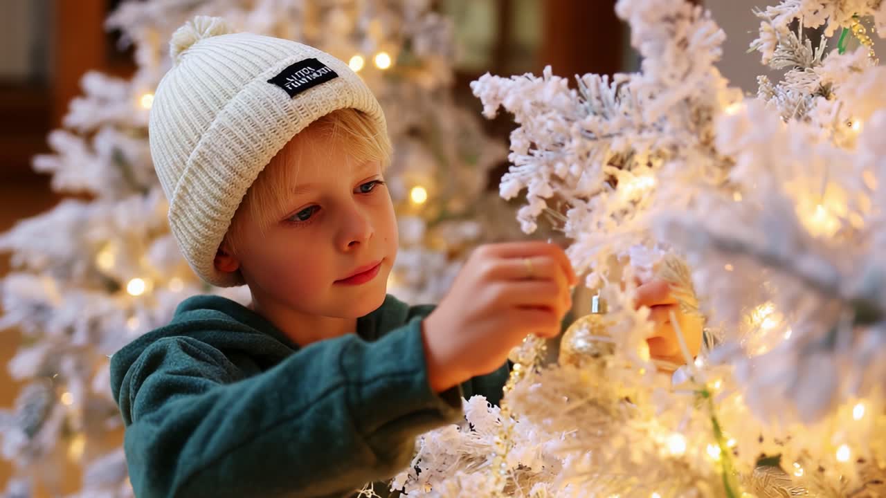 A Young Child Delicately Adorns a Snowy Christmas Tree, Enthusiastically Hanging Ornaments and Strings of Lights, Embracing the Joyous Spirit of the Holiday Season
