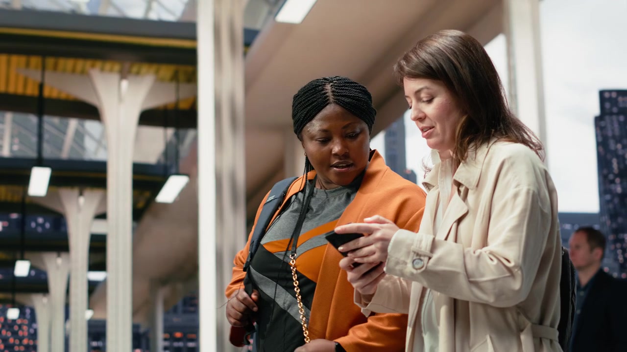 Close up of female tourists looking at smartphone in bus terminal