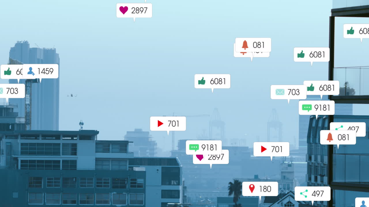 현대 도시 풍경 위의 미디어 아이콘의 애니메이션