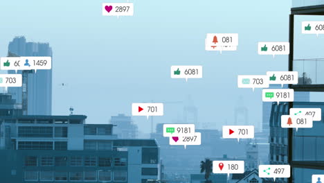 animación de iconos de medios sobre el paisaje urbano moderno.