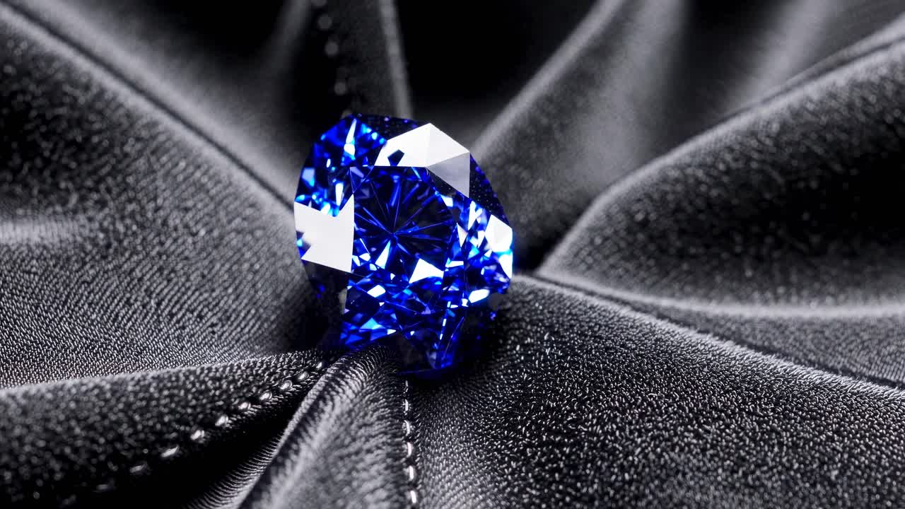 Close-up of a blue diamond on black silk, showcasing luxury and elegance