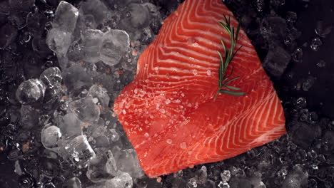 SUPER-SLOW-MOTION-Overhead-view-of-salt-is-being-sprinkled-onto-fresh-uncooked-salmon-fillet-lying-on-the-ice-pile.-Shot-with-high-speed-camera,-420-FPS