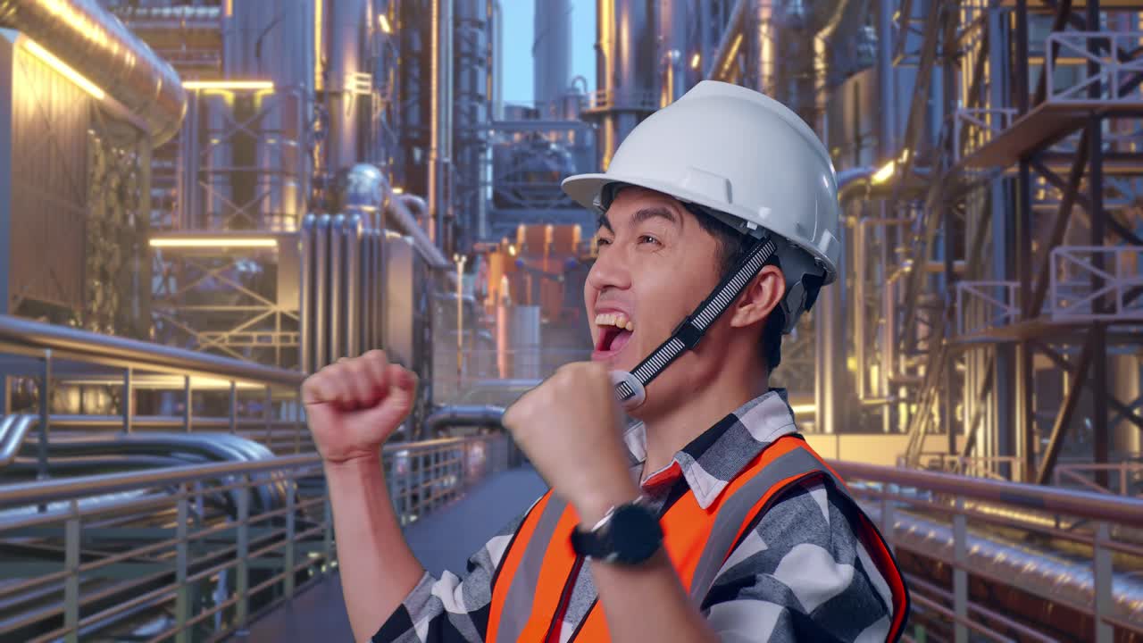 Close Up Of Side View Of Asian Male Engineer With Safety Helmet Screaming Goal Celebrating Working At A Vast Oil Refinery