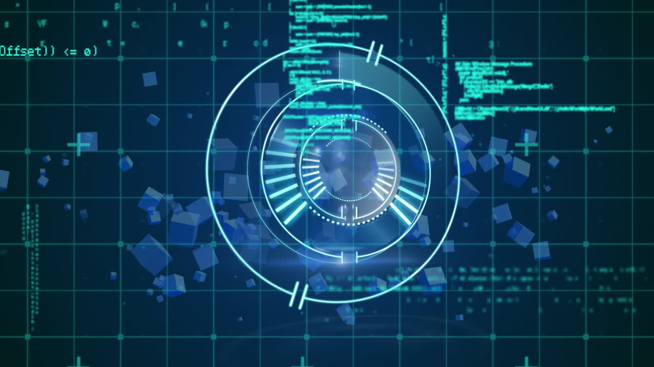 Digital animation of neon round scanner against data processing on blue background