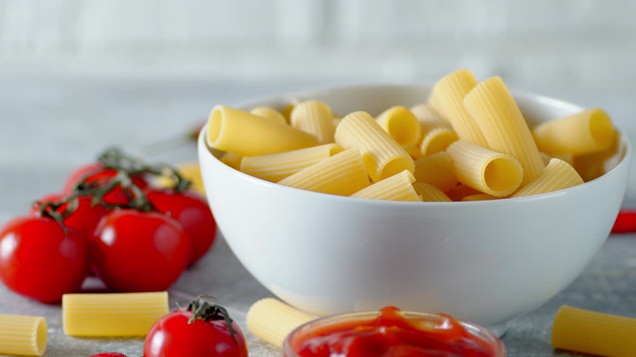 Bowl with dry pasta cannelloni and tomatoes slowly rotates.