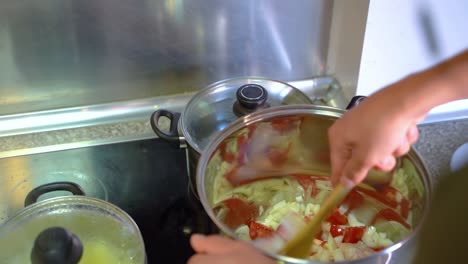 Handheld-shot-of-hands-sauteing-chicken-meat-and-vegetables