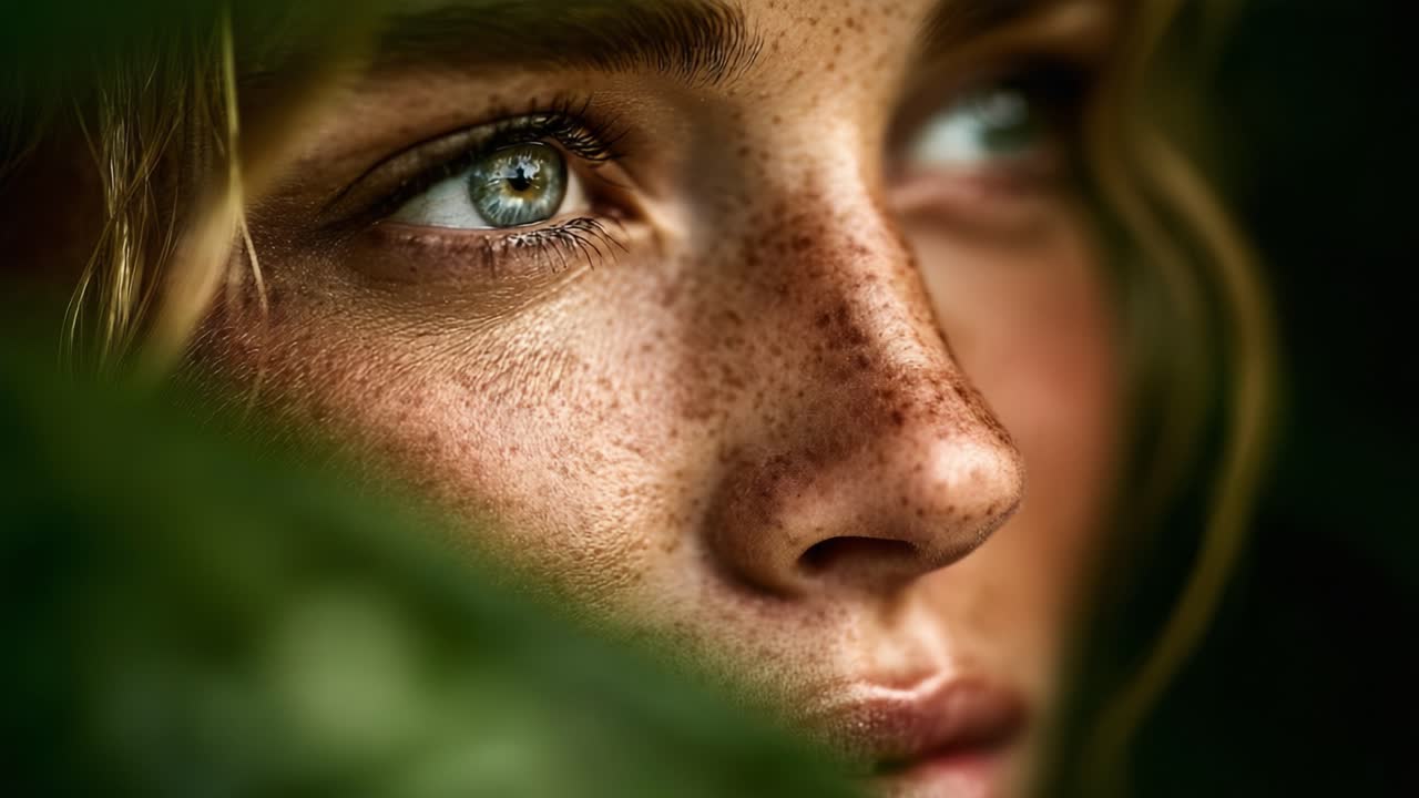 Captivating Close-up of a Young Woman's Face Surrounded by Green Leaves, Highlighting Her Stunning Eyes and Freckled Skin in Natural Lighting