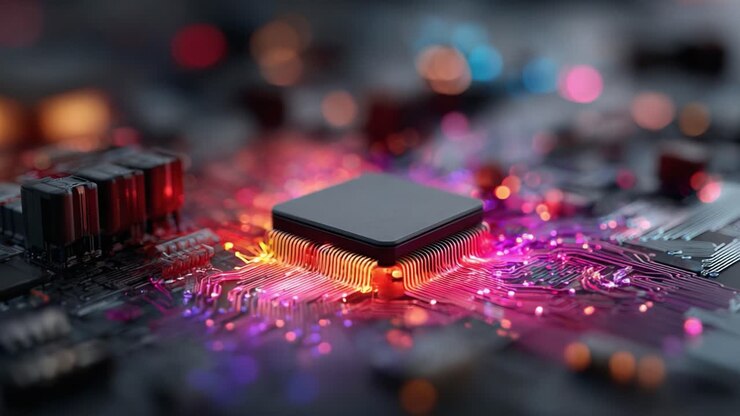 Nærbillede af en computermikroprocessor belyst af levende farver på et printkort, der viser de indviklede detaljer i moderne teknologi