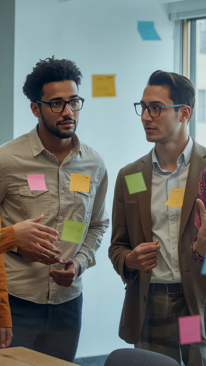 Video verticale: reazione al gesto verso sinistra, due uomini in blazer fanno brainstorming su vetro con post-it