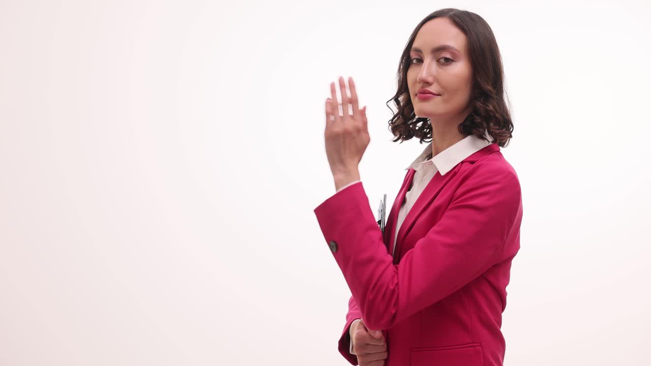 Confident Businesswoman Gesturing and Presenting with Clipboard