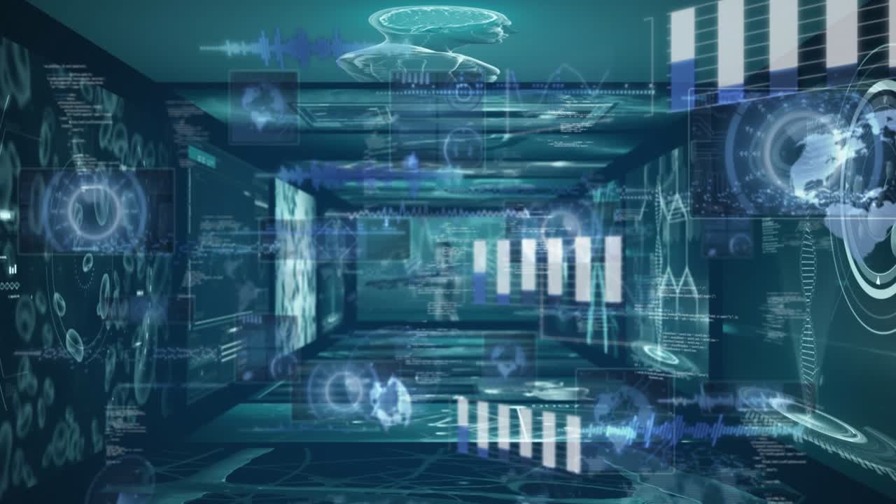 A medical data processing system, dna strand turning, and human body on digital screens