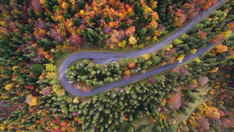 aerial view of winding mountain road trough the forest in the autumn with cars passing on the road