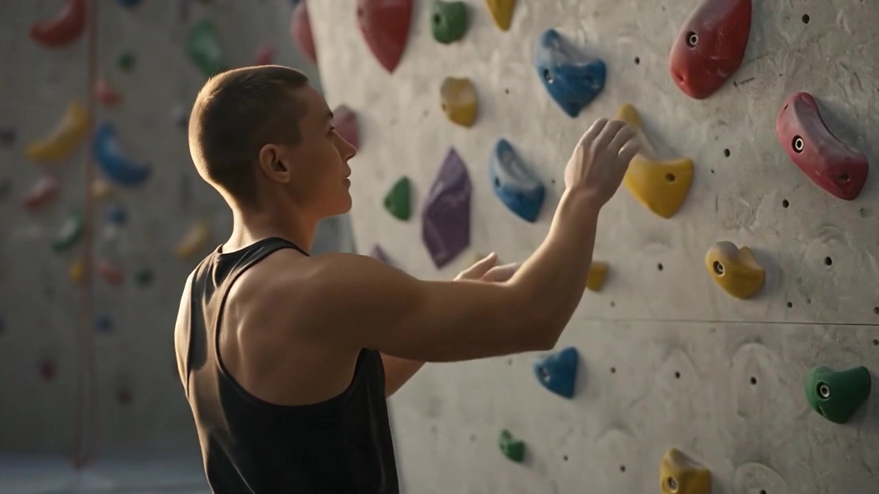 Rock Climber Applying Chalk Before Climbing Indoor Wall