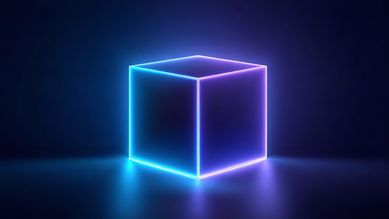 Seamless looping animation showing a rotating cube with glowing blue and purple neon edges, casting vibrant reflections on a dark surface and creating a futuristic and mesmerizing effect