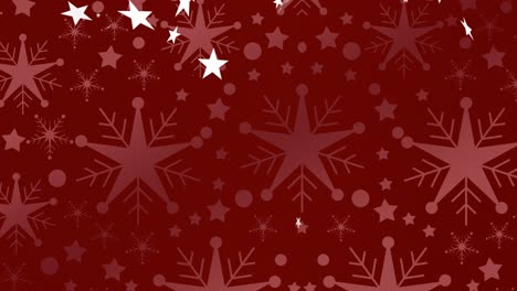 Animation-of-christmas-stars-falling-over-red-snowflake-background