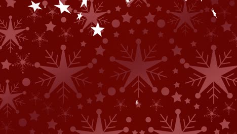 animación de estrellas de navidad cayendo sobre un fondo de copos de nieve rojos