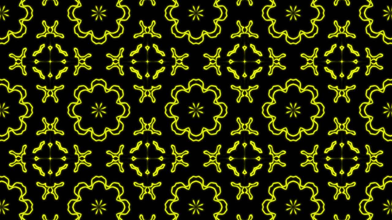 Abstract yellow geometric seamless pattern background. Abstract Stripes Kaleidoscope Loop. Fast Psychedelic Colorful Kaleidoscope VJ background. Disco Abstract Motion Background. Kaleidoscope effect