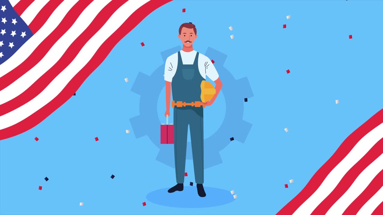 feliz celebración del día del trabajo con bandera de ee.uu. y constructor