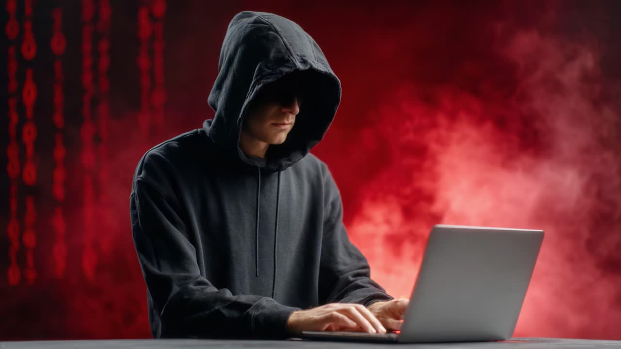 A Mysterious Figure in a Dark Hoodie Engages with a Laptop Against a Dramatic Red Background, Emanating an Atmosphere of Intrigue and Secrecy