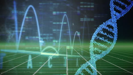 animation of data processing with dna strand over moving columns on black background