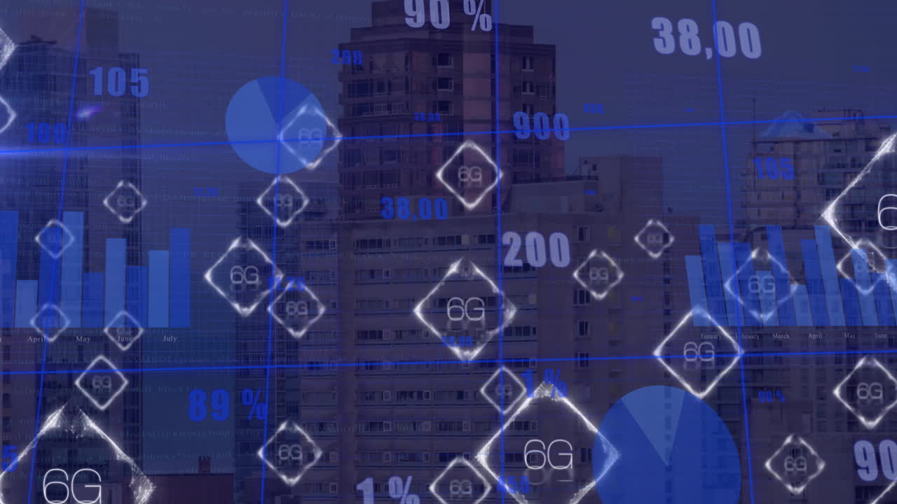 6g 아이콘 및 차트 애니메이션 - 밤에 도시에서 데이터를 처리하는 것