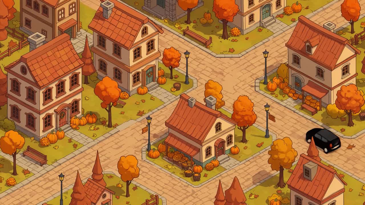 Charming Autumn Village Scene with Colorful Trees, Cozy Houses, and Quaint Street Lined with Decorative Pumpkins and a Classic Car Driving Through the Neighborhood