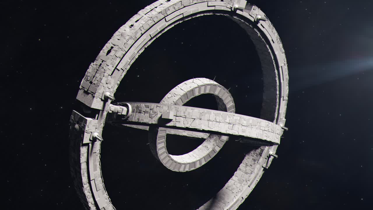 estación espacial futurista con anillos concéntricos giratorios