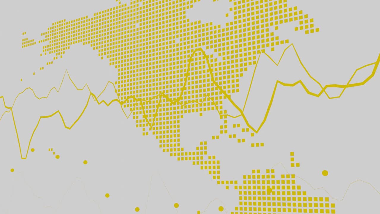 북미와 아시아를 강조하는 픽셀화 된 노란색 지도, 색 배경에 파동 형태가 여있는 글로벌 분석, 기술 및 데이터 시각화 개념