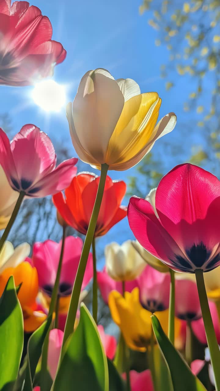 Tulipas vibrantes fotografadas de um ângulo baixo contra um céu azul brilhante, criando uma imagem alegre e colorida