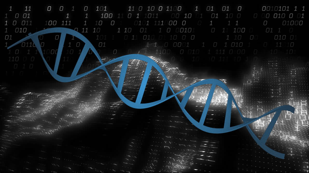 cadena de adn y codificación binaria, animación de procesamiento de datos científicos