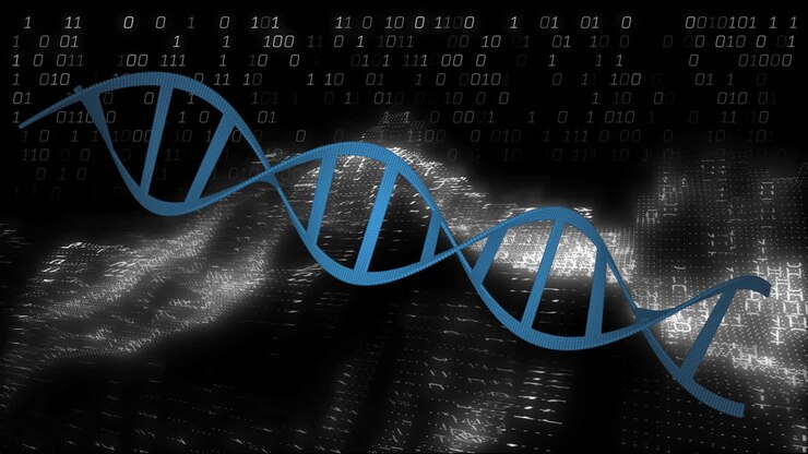 DNA strand and binary coding, scientific data processing animation