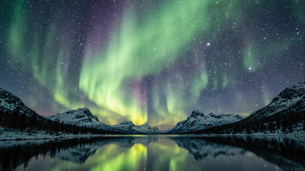 Uno Spettacolo Mozzafiato di Aurora Boreale Illumina il Cielo Notturno Sopra Maestose Montagne e un Sereno Lago Riflettente, Creando uno Spettacolo Naturale Mozzafiato