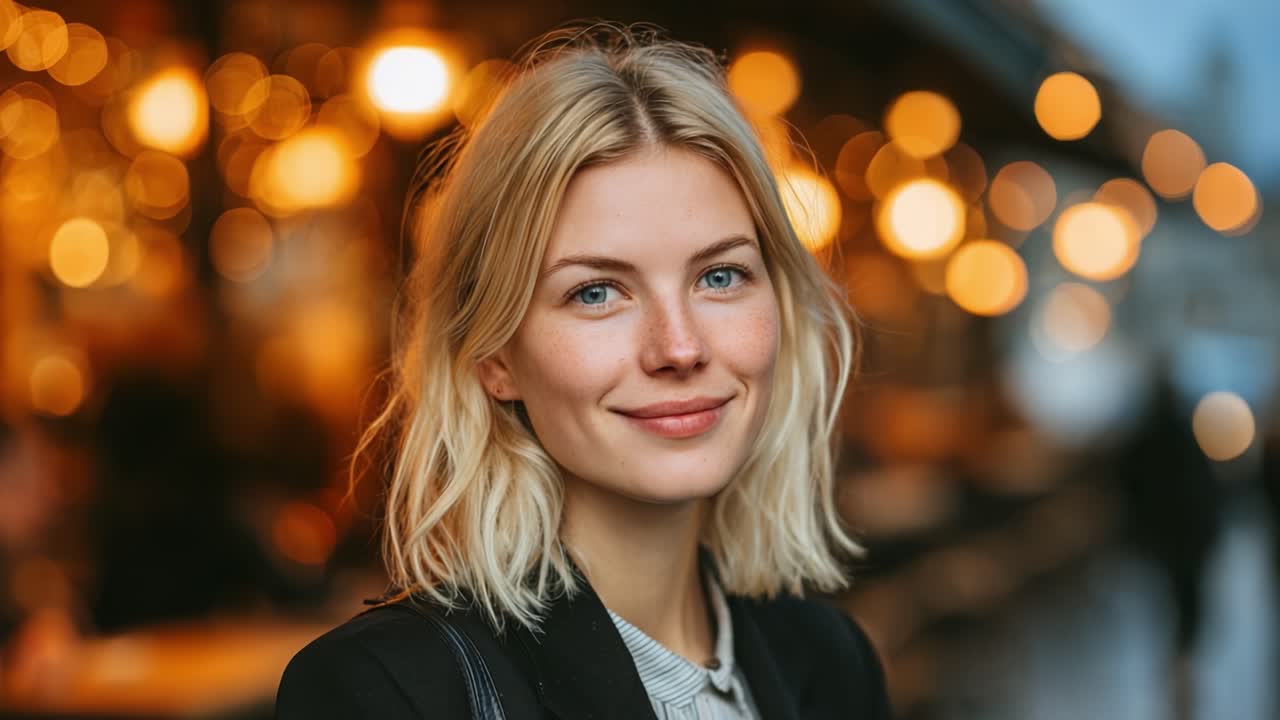En strålende ung kvinde med blondt hår smiler mod en baggrund af varme, funklende lys i en hyggelig udendørs setting, der indfanger essensen af glæde og ro