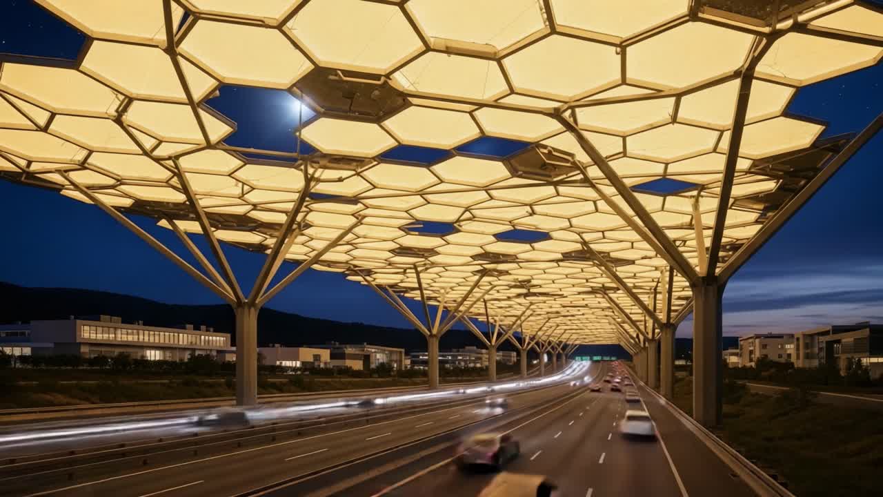 Illuminated Honeycomb Structure Over Highway at Night, Showcasing Modern Architecture with Striking Light Effects and Flowing Traffic Below